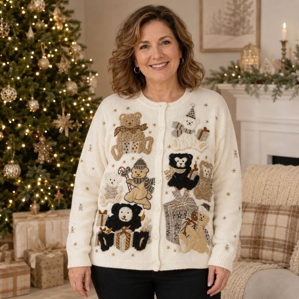 SEGUE Size L Womens Christmas Cardigan Teddy Bear Applique Ramie Cotton Sweater